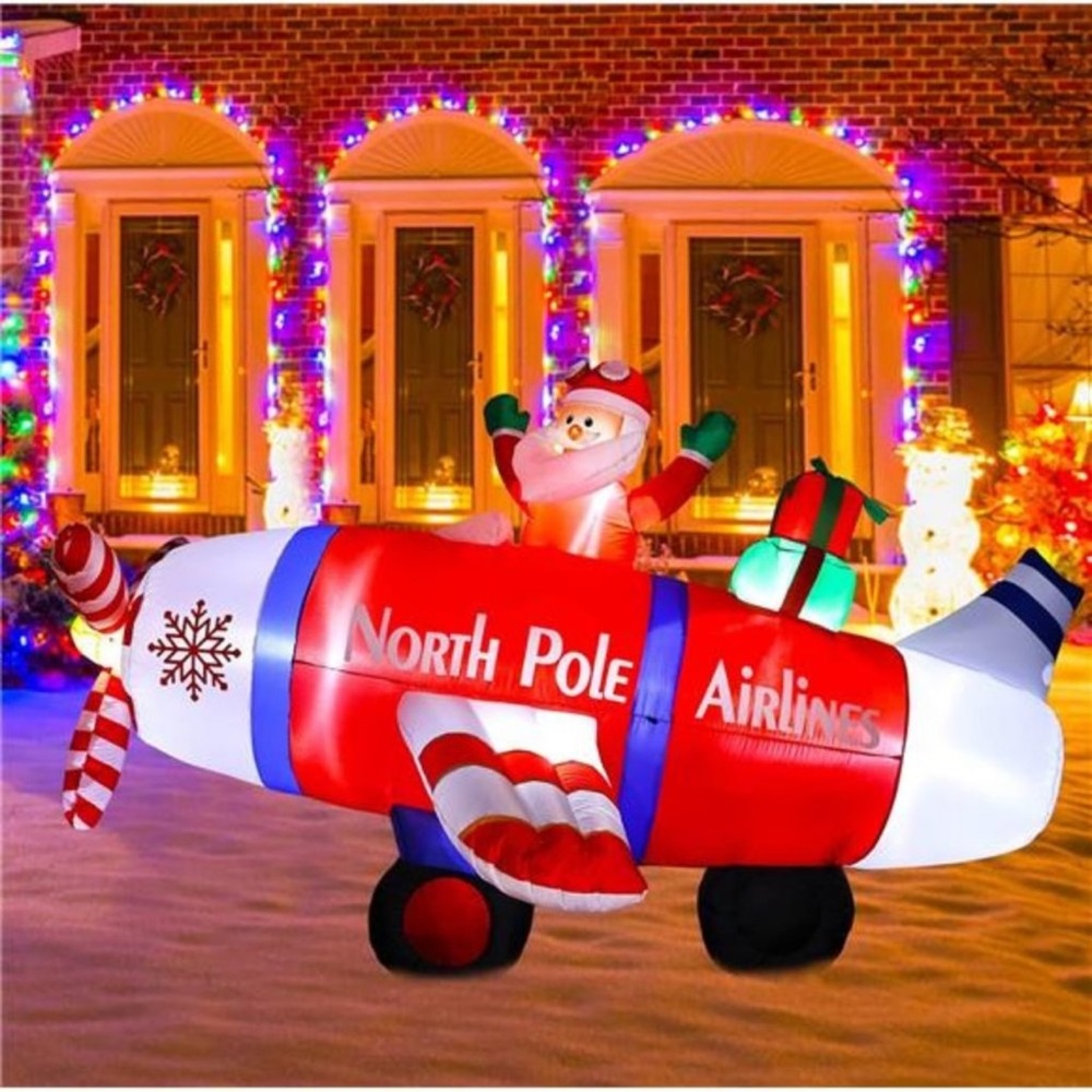 8 Ft Christmas Inflatables, Blow Up Santa Claus Flying Polar Airplane with Gift